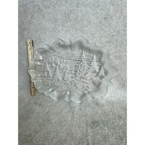 Clear Embossed Glass Serving Platter Winter Scene Girl‎ Trees Mountains Holiday